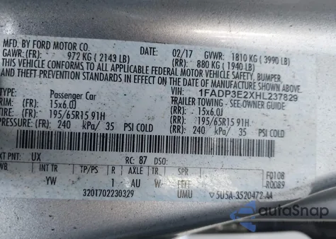 2017 Ford Focus S from USA, damaged, VIN 1FADP3E2XHL237829